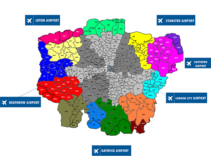 London Airport Taxi coverage map