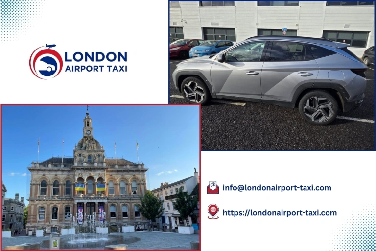 London Airport Taxi vehicle on A14 route from Stansted Airport to Ipswich